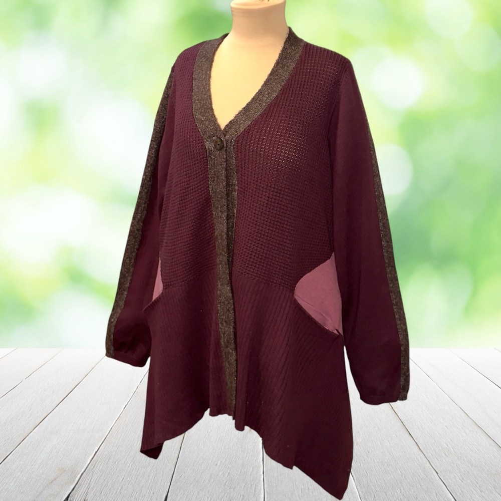 New LOGO LORI GOLDSTEIN Mixed Media Waffle Knit Cardigan Pockets Wine Sz L NWOT